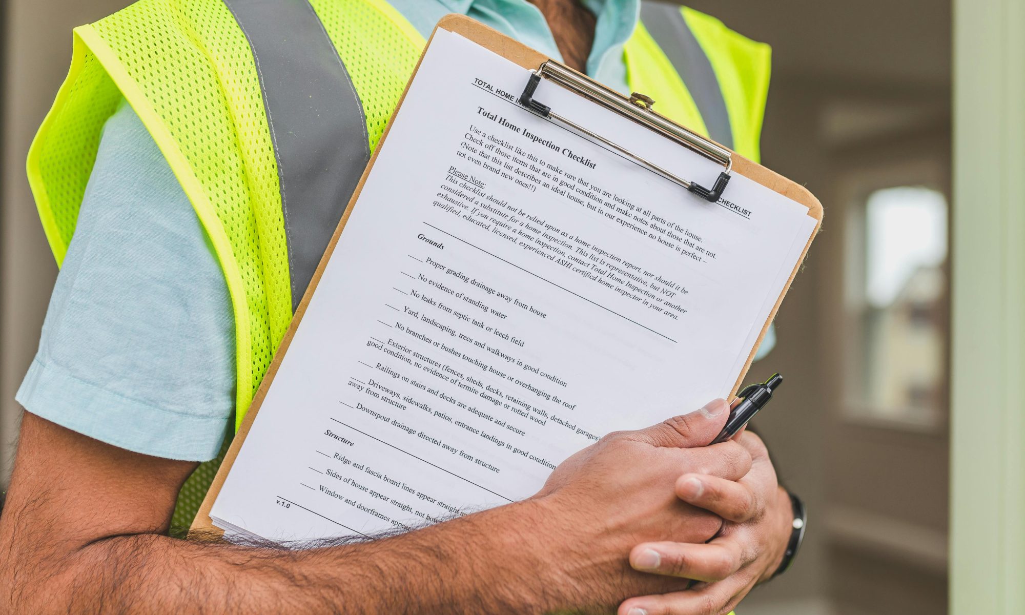 House inspector with a clip board wearing a high vis vest.